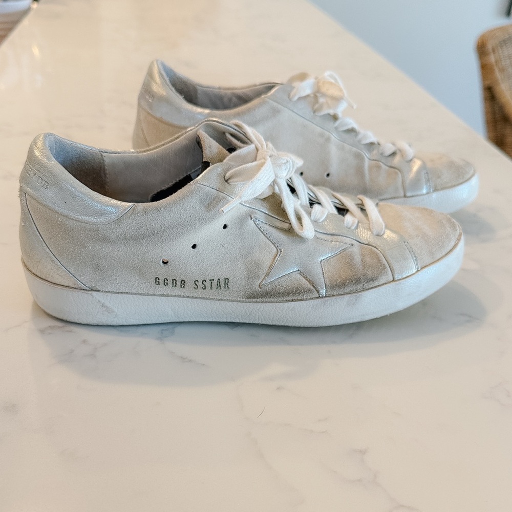 Authentic Golden Goose White, Silver and Cream Sneakers sz 37 with star detail